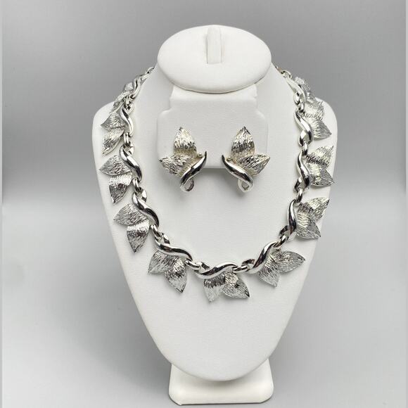 Vintage H&S Silver Tone Leaf Necklace & Clip Earrings Set Mid Century Signed